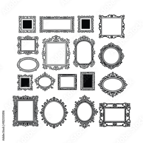 Vintage engraving illustration set of highly ornate picture frames and decorative borders in various shapes