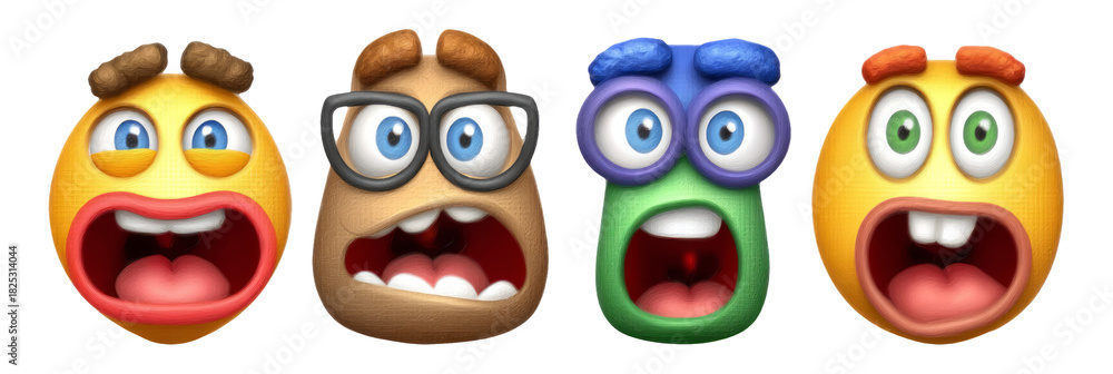 Fototapeta premium Colorful Cartoon Emoji Faces with Various Expressions on Isolated Background