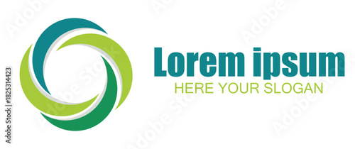 Abstract circular logo with swirling green and teal elements, lorem ipsum text and slogan, isolated on white background