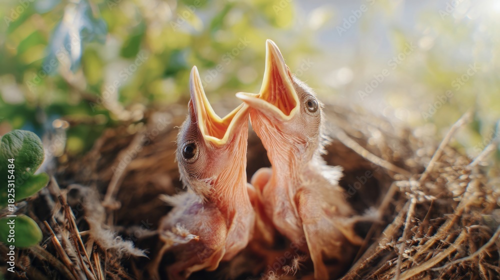 Obraz premium pragmatism. Newborn birds in nest with open beaks, soft morning light. wildlife magazines, conservation campaigns, designed for wildlife conservation campaigns. 