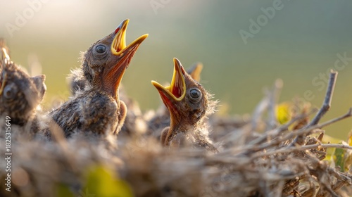 pragmatism. Newborn birds in nest with open beaks, soft morning light. wildlife magazines, conservation campaigns, designed for wildlife conservation campaigns.
