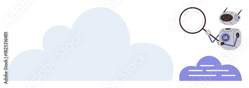 AI robot holds magnifying glass examining cloud data, conveying analysis and technology focus. Ideal for AI, cloud computing, research, data analysis, technology, innovation problem-solving. Simple