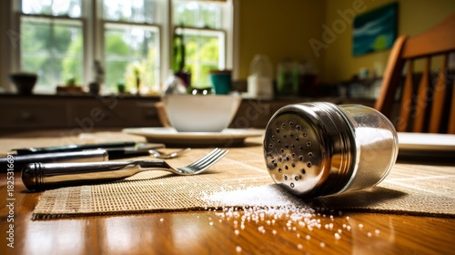 epilogue. An overturned salt shaker on a dining table with scattered utensils in natural window light. menu design, packaging mockups, designed for culinary blogs and recipe cards for restaurants.
