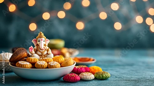 Ganesh chaturthi celebration with traditional sweets and festive lights bokeh