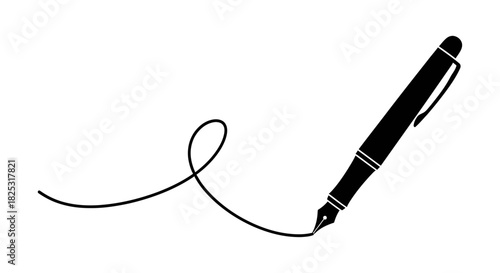 Elegant Black Fountain Pen Drawing a Swirling Line.