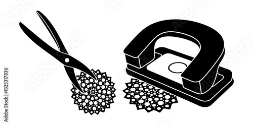 Crafting tools - paper punch and decorative scissors creating intricate patterns.