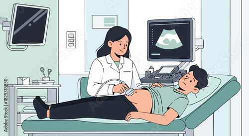 Female Doctor Performing an Abdominal Ultrasound Examination on a Male Patient in a Clinic.