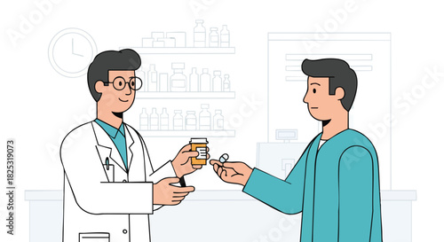 Pharmacist Dispensing Prescription Medication to a Customer at the Pharmacy Counter.