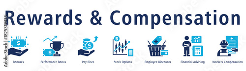 Rewards & Compensation Web Banner Duotone icon vector illustration concept with icon of bonuses, performance bonus, pay rises, stock options, employee discounts, and financial advising