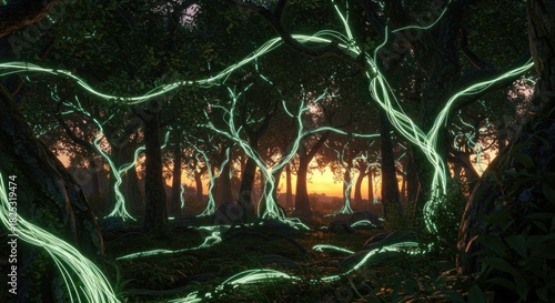 Mysterious forest path at dawn