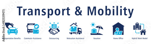 Transport & Mobility Web Banner Duotone icon vector illustration concept with icon of transportation benefits, commuter assistance, outsourcing, relocation assistance, vacation, and home office