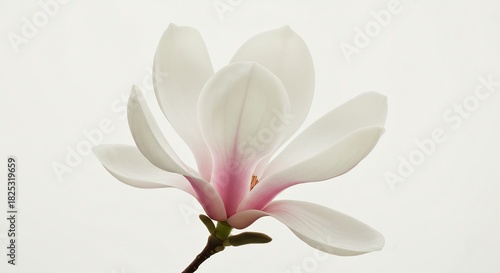 A delicate white magnolia flower with a subtle pink blush glows softly against a bright background revealing its elegant beauty. AI Generated