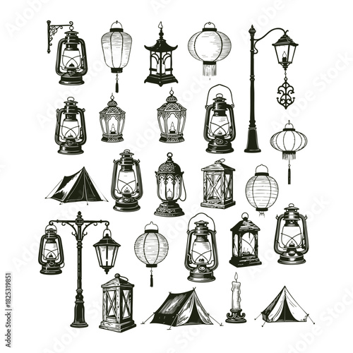 Vintage engraving illustration set of diverse antique light sources and outdoor items