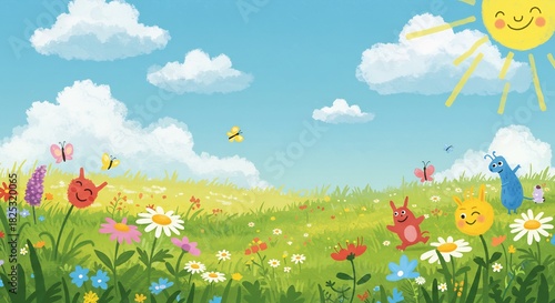 Fototapeta Naklejka Na Ścianę i Meble -  Cheerful cartoon summer meadow vibrant flowers playful bugs under bright sunny sky. AI Generated