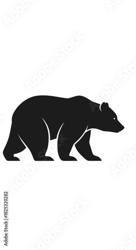 Black silhouette of a bear walking on a white background, depicted in a side profile view.
