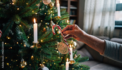 Woman Decorating Christmas Tree with Candy Cane and Candles Indoors