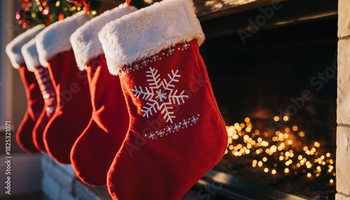 Cozy Christmas Stockings Hanging by a Fireplace Hearth for Holiday Tradition and Gift Giving