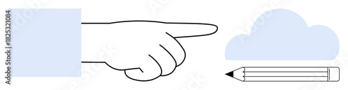 Outstretched hand pointing to cloud and pencil visualizing creativity, innovation, direction, collaboration, thought process, strategy, and brainstorming. Ideal for design, teamwork and simple flat