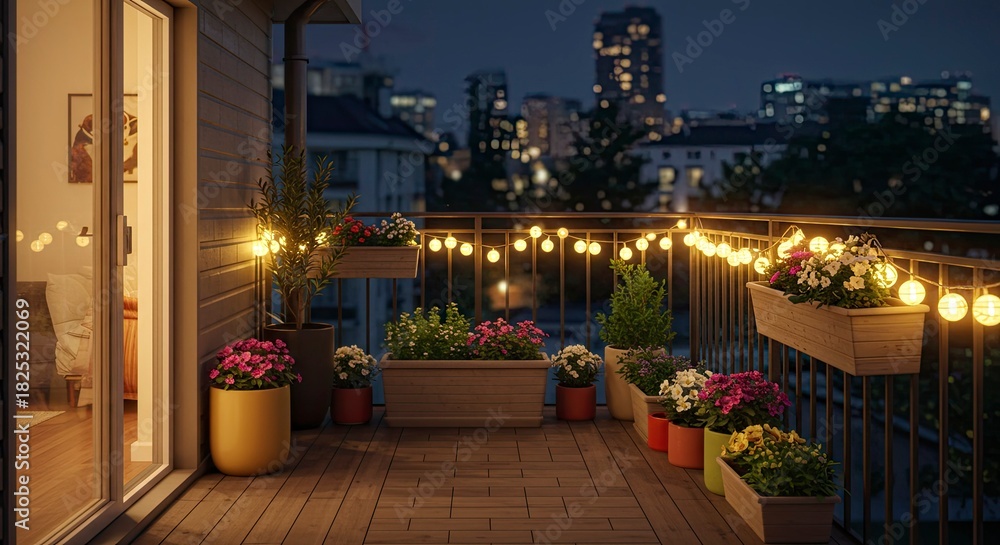 Obraz premium Cozy Balcony Oasis with City Lights at Night