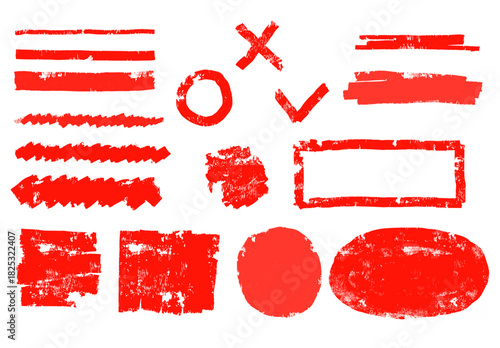 赤い手描き風のマーカー線や記号が並んだシンプルな構成のデザイン素材｜図形のバリエーションが豊富で装飾や強調表現に使いやすいハンドドローイング風の赤色ラインセット