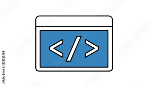 Simple icon of a blue screen displaying code symbols, representing programming.