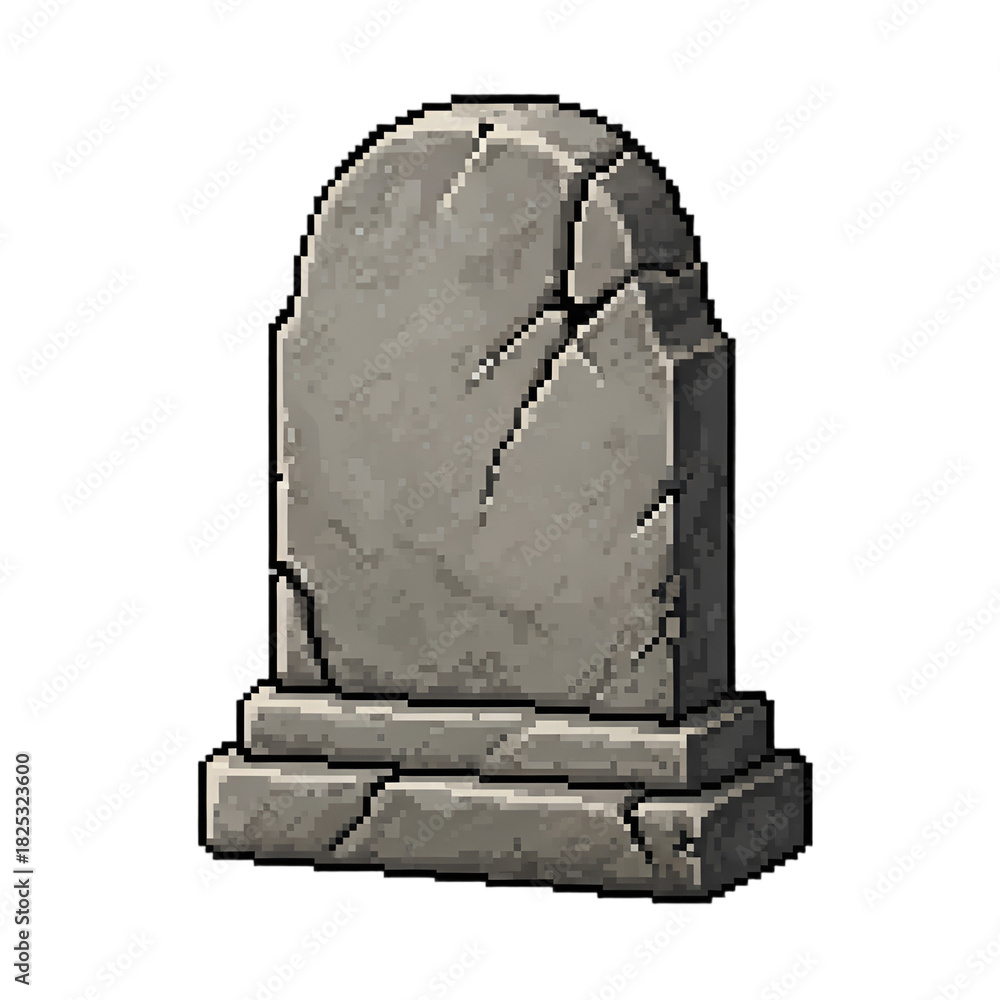 Fototapeta premium A pixel art gravestone, weathered grey stone with a rounded top and crack, perfect as a cemetery environment prop for game development, Halloween designs, or retro horror themes.