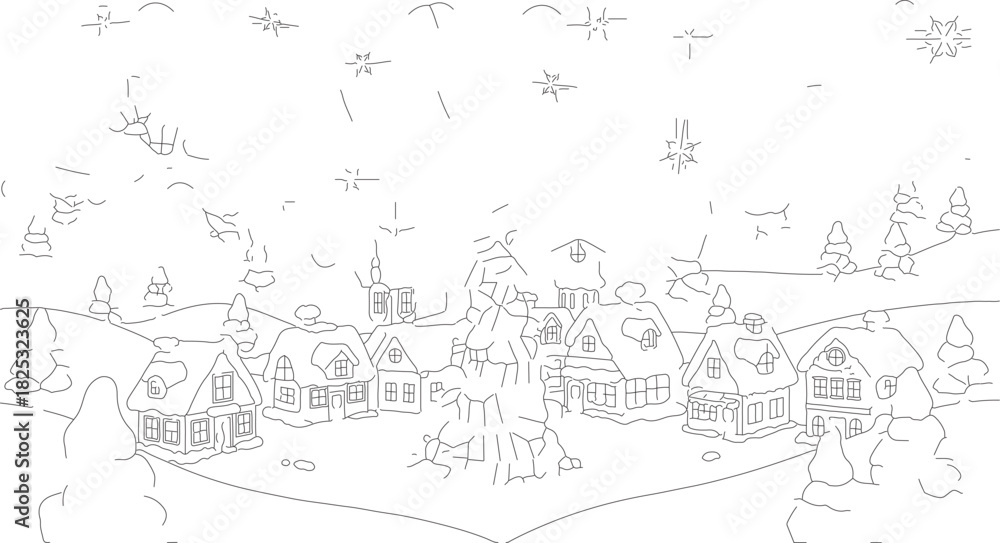 Obraz premium Charming Winter Village Scene with Snowfall and Cozy Houses.