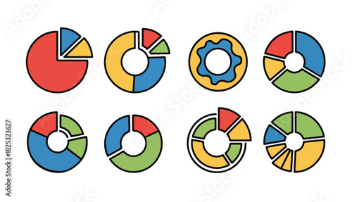 Free Download A collection of eight colorful pie chart variations, including solid and donut style, isolated on a white background. - GFXLoad