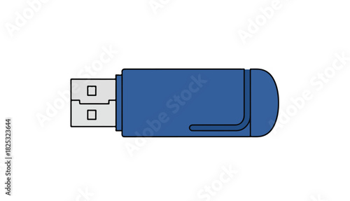 A blue USB flash drive is depicted horizontally against a white background, showcasing its connector and cap.