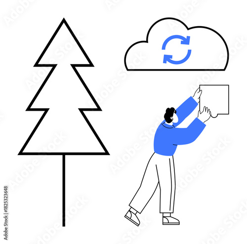 Cloud storage concept. A person uploads a file to a cloud with synchronization symbol. Cloud storage for environmental technology, eco-data, digital files, online backup, and innovation