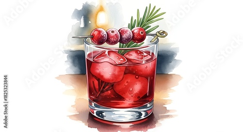 Elegant watercolor illustration of a red cocktail garnished with cranberries and rosemary sprig