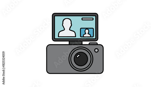 Illustration depicts a digital camera with a screen showing two silhouetted people in a video call.
