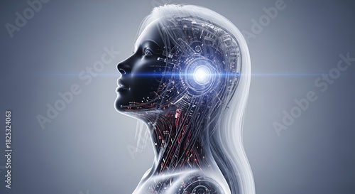 A cyborg female profile with visible technology inside, showing a futuristic humanoid design.