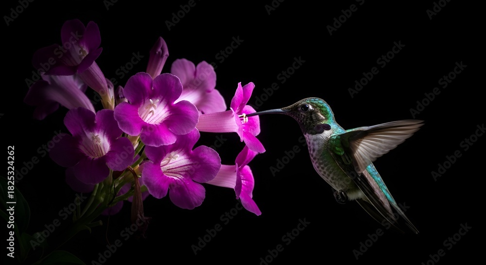 Fototapeta premium Hummingbird delicately approaches vibrant purple flowers in dark, contrasted, elegant composition.