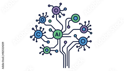 AI tree with branches connecting to circles labeled with letters, symbolizing artificial intelligence and interconnected systems.