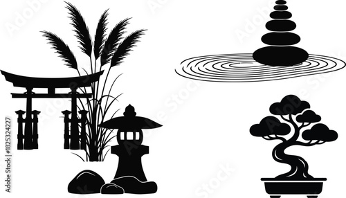 A traditional Japanese culture illustration featuring torii gate bonsai tree zen elements and natural landscape in silhouette style
