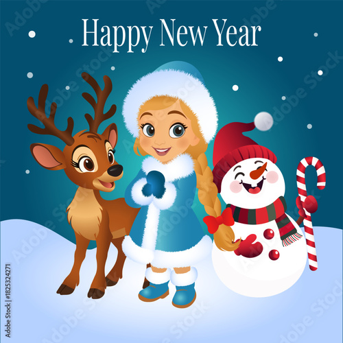 New Year's card with a cute girl. Snow Maiden, a deer, and a snowman celebrate the New Year. Template. Vector illustration.