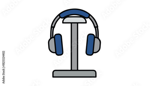 Illustration of blue and gray headphones resting on a stand, isolated on a white background.