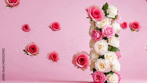 Pink and white roses falling gracefully against a soft pink background