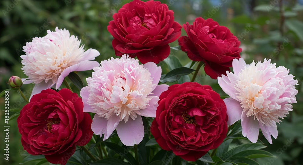 Fototapeta premium Lush red and soft pink peonies burst with vibrant color under gentle daylight capturing their exquisite garden beauty. AI Generated