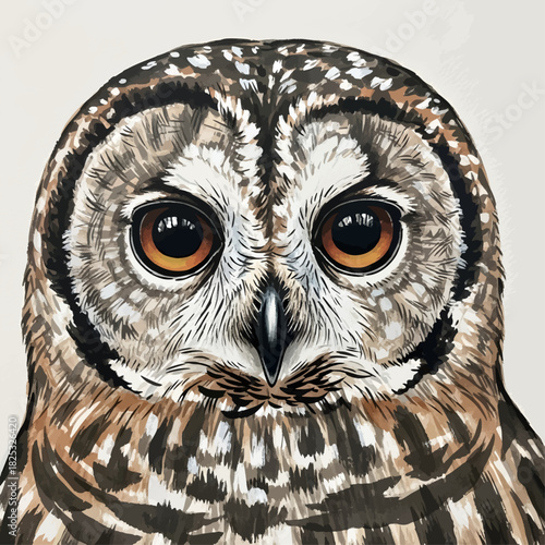 Detailed illustration of an owl's face with striking orange eyes and intricate feather patterns.