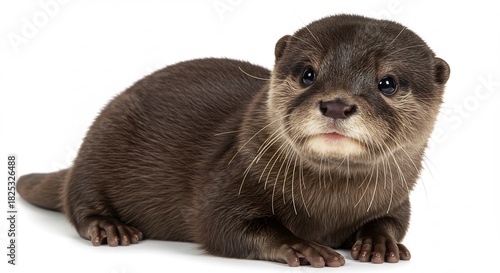A captivating young otter pup gazes directly with dark eyes and sleek fur isolated against a clean bright studio white. AI Generated