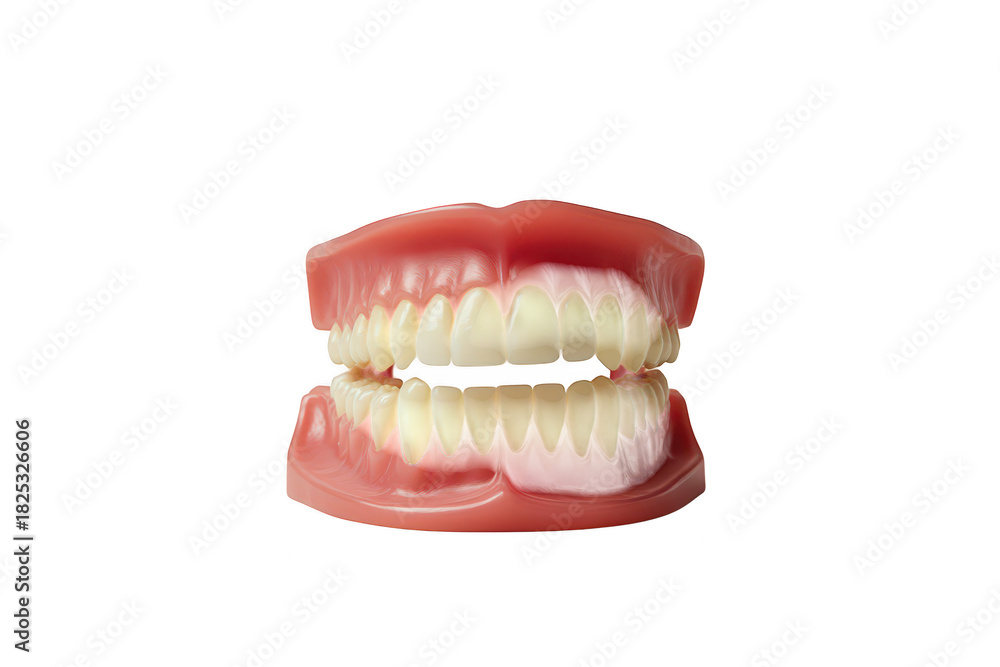 Obraz premium A detailed view of a realistic dental model upper and lower teeth. set against a plain background. ideal for educational purposes in dentistry or oral hygiene demonstrations