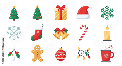 Delightful Christmas icons to spread holiday cheer, featuring vibrant gifts, trees, snowflakes, and ornaments for your festive designs and merry projects