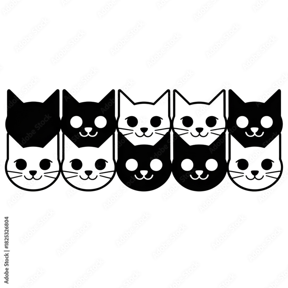 Fototapeta premium Row of alternating black and white cat faces, isolated on transparent background