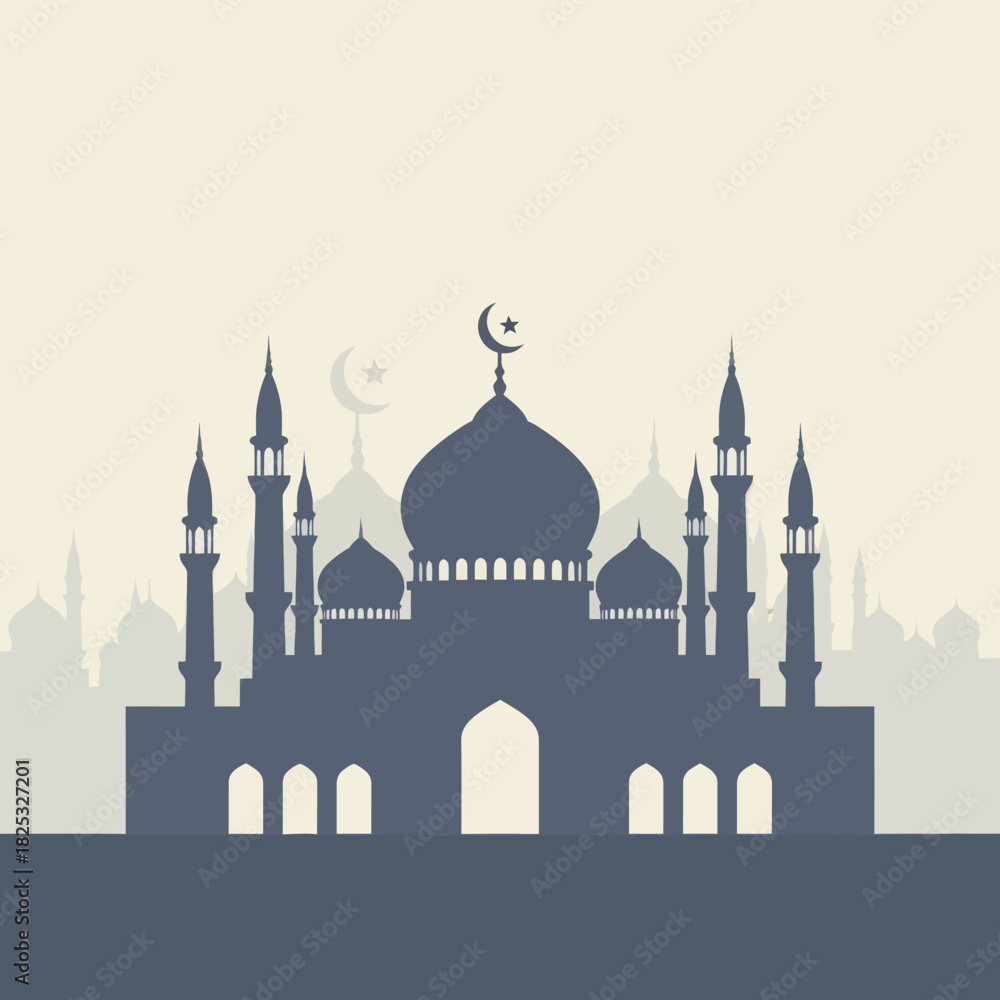 Obraz premium Minimal Grey Mosque Silhouette with Crescent Moon
