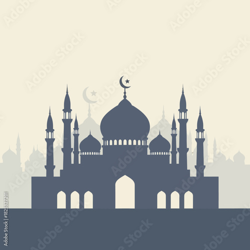 Minimal Grey Mosque Silhouette with Crescent Moon