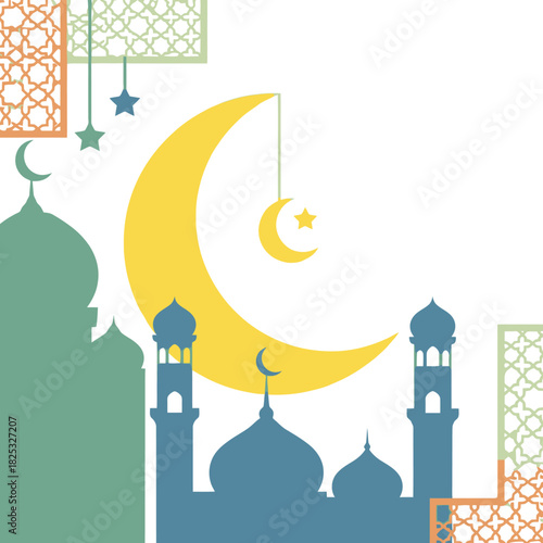 Green Crescent Moon with Mosque Minarets