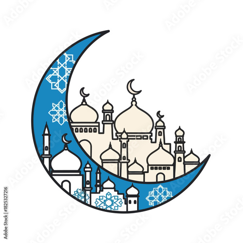 Crescent Moon with Mosque and Floral Ornament