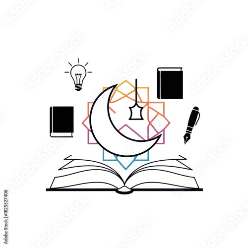 Quran with Crescent Moon and Islamic Ornament